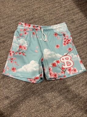 BKTSQD Cherry Blossom Spring Sky shorts, youth large, NWT, mesh